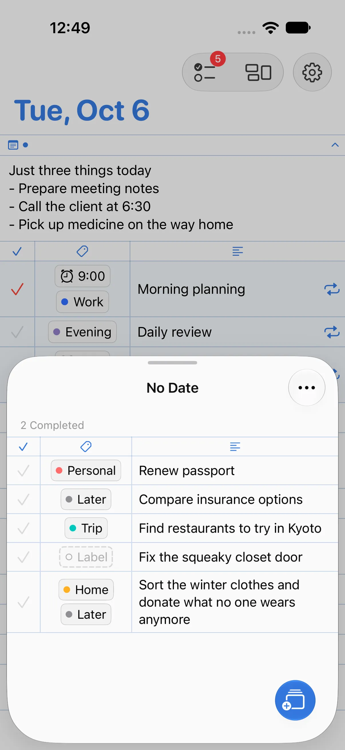 The No Date sheet open over the home screen, with tasks such as Renew passport (Personal), Compare insurance options (Later), and Find restaurants to try in Kyoto (Trip).