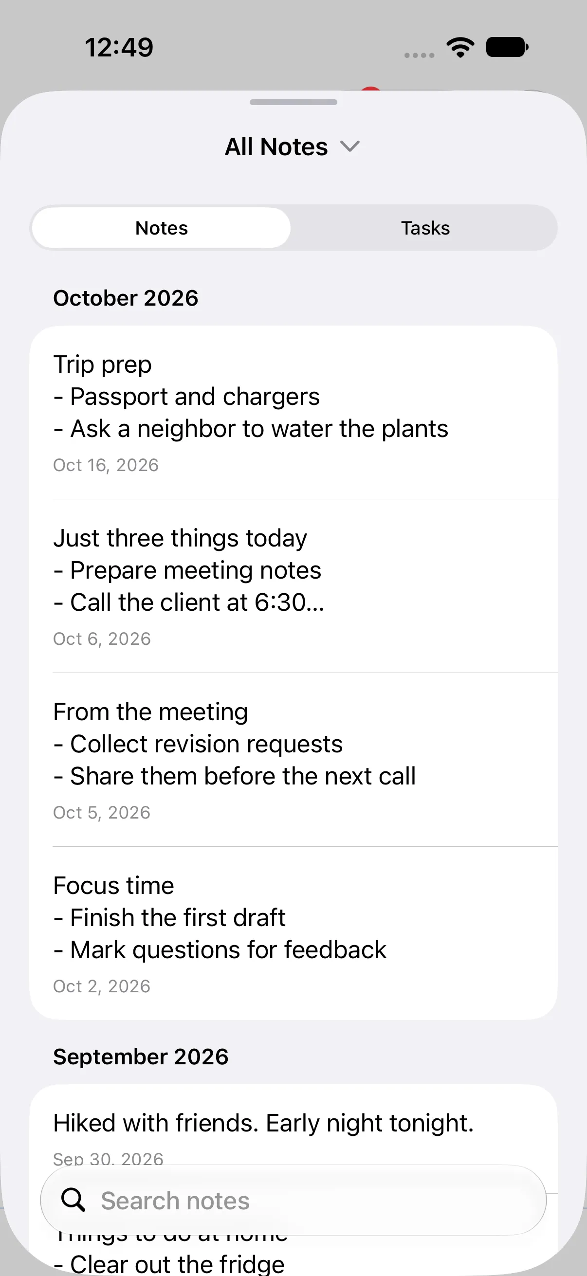 The Notes tab in Overview. Daily notes from each date are grouped by month.