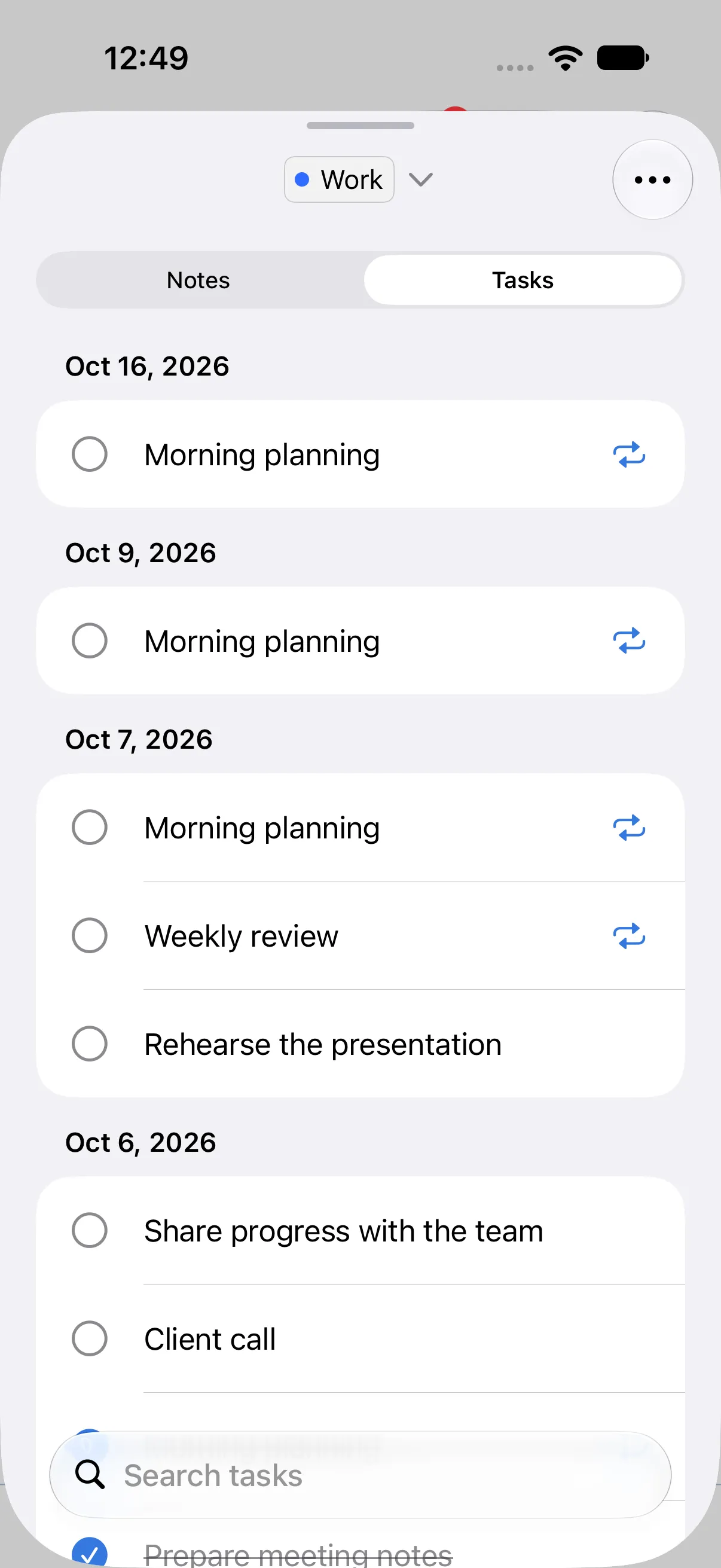 The Tasks tab in Overview. Tasks with the Work label are grouped by date: Oct 16, 9, 7, and 6.