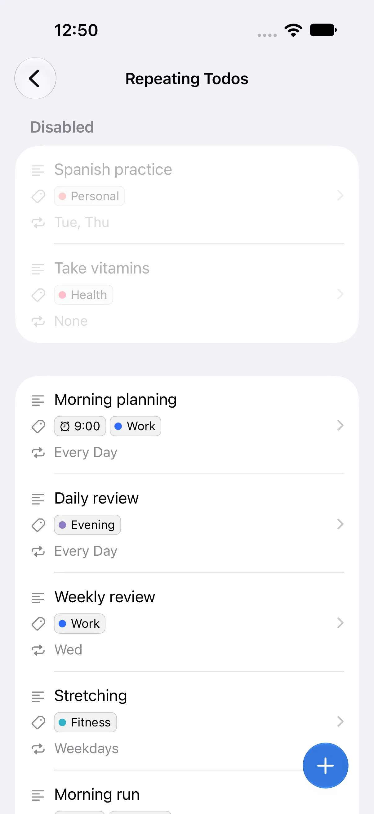 The Repeating Todos screen. Two rules sit in the Disabled section at the top. Below, Morning planning and Daily review repeat every day, Weekly review on Wednesdays, and Stretching on weekdays, each with a label.
