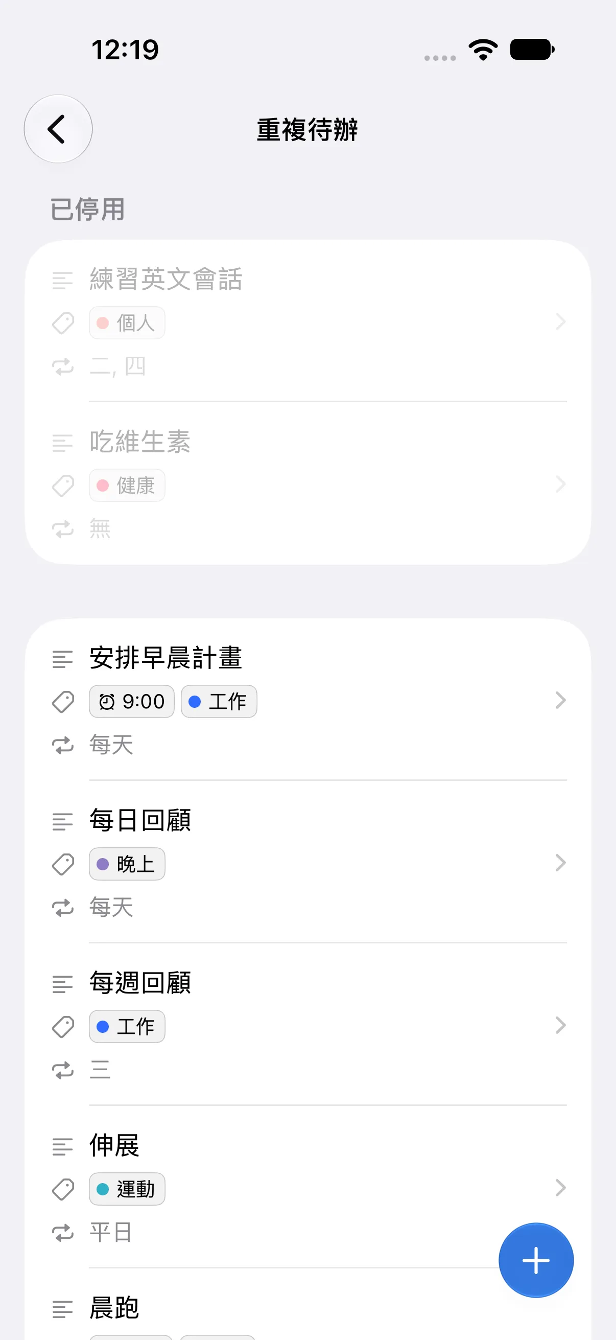 「重複待辦」頁面。上方「已停用」區塊有兩條關閉的規則;下方的安排早晨計畫和每日回顧每天重複,每週回顧在週三,伸展在平日,每條規則都帶有標籤。