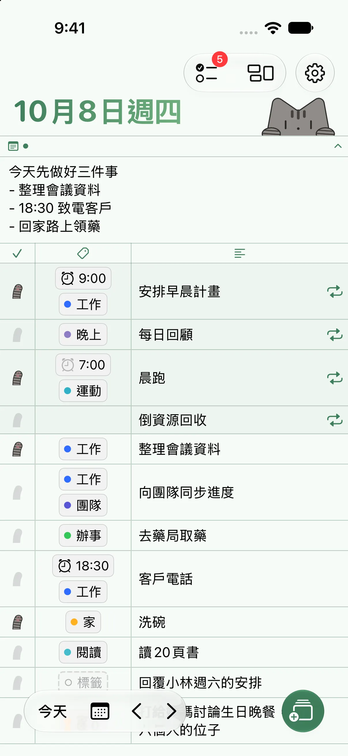 套用貓咪主題的主畫面。日期旁一隻虎斑貓探出頭來,完成標記是貓掌形狀。