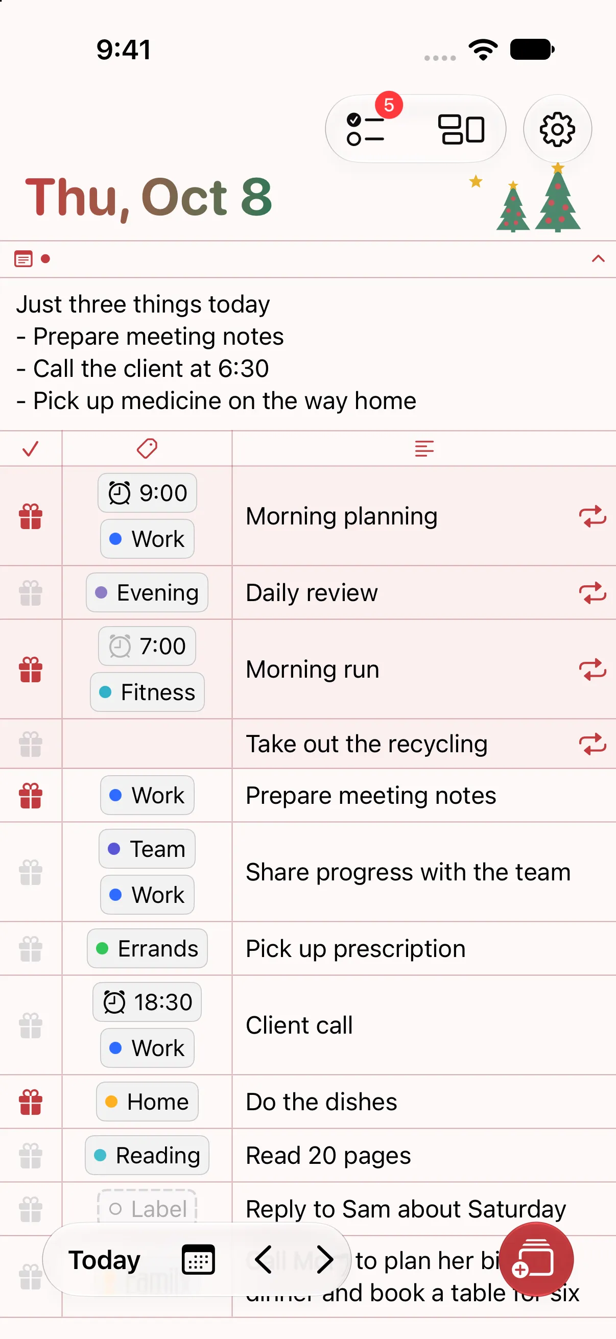 Home screen with the Christmas theme. Decorated trees are drawn beside the date, and completed tasks are marked with gift boxes.