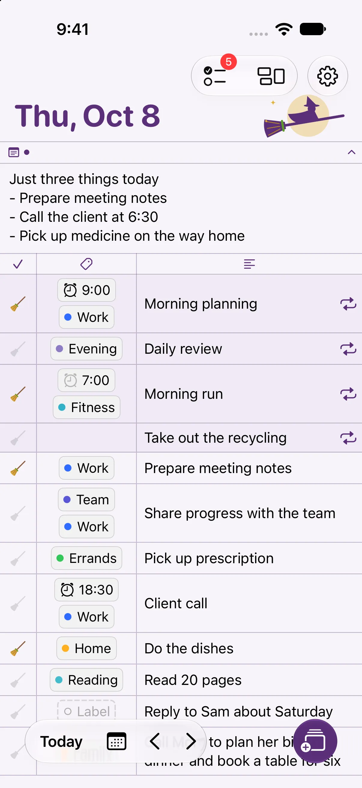 Home screen with the Halloween theme. A witch on a broom is drawn beside the date, and completed tasks are marked with brooms.