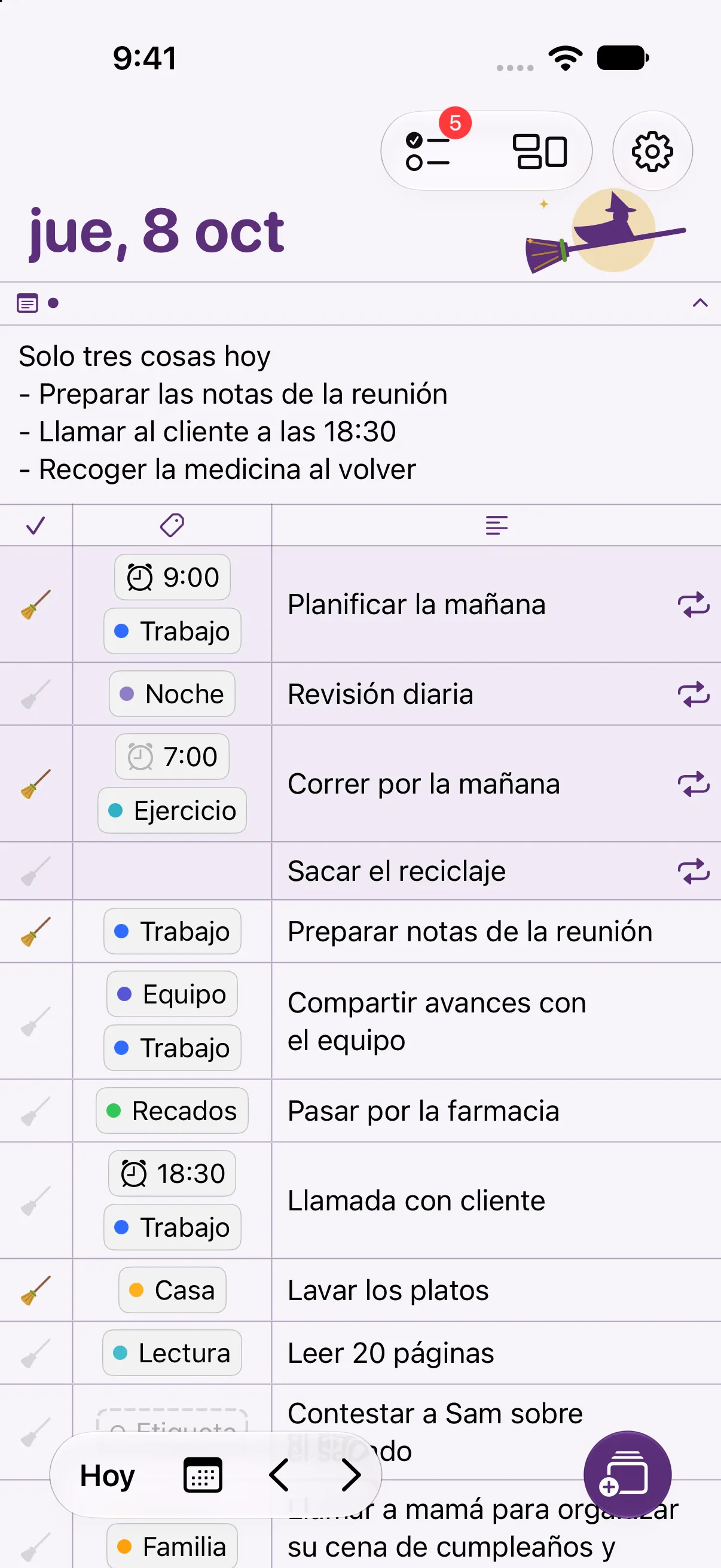 Pantalla de inicio con el tema Halloween. Junto a la fecha hay una bruja en su escoba y las tareas completadas se marcan con escobas.