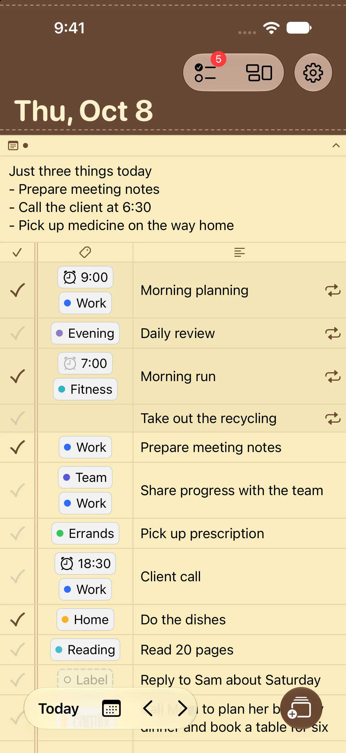 Home screen with the Notebook theme. Tasks are written on lined pages under a brown cover.