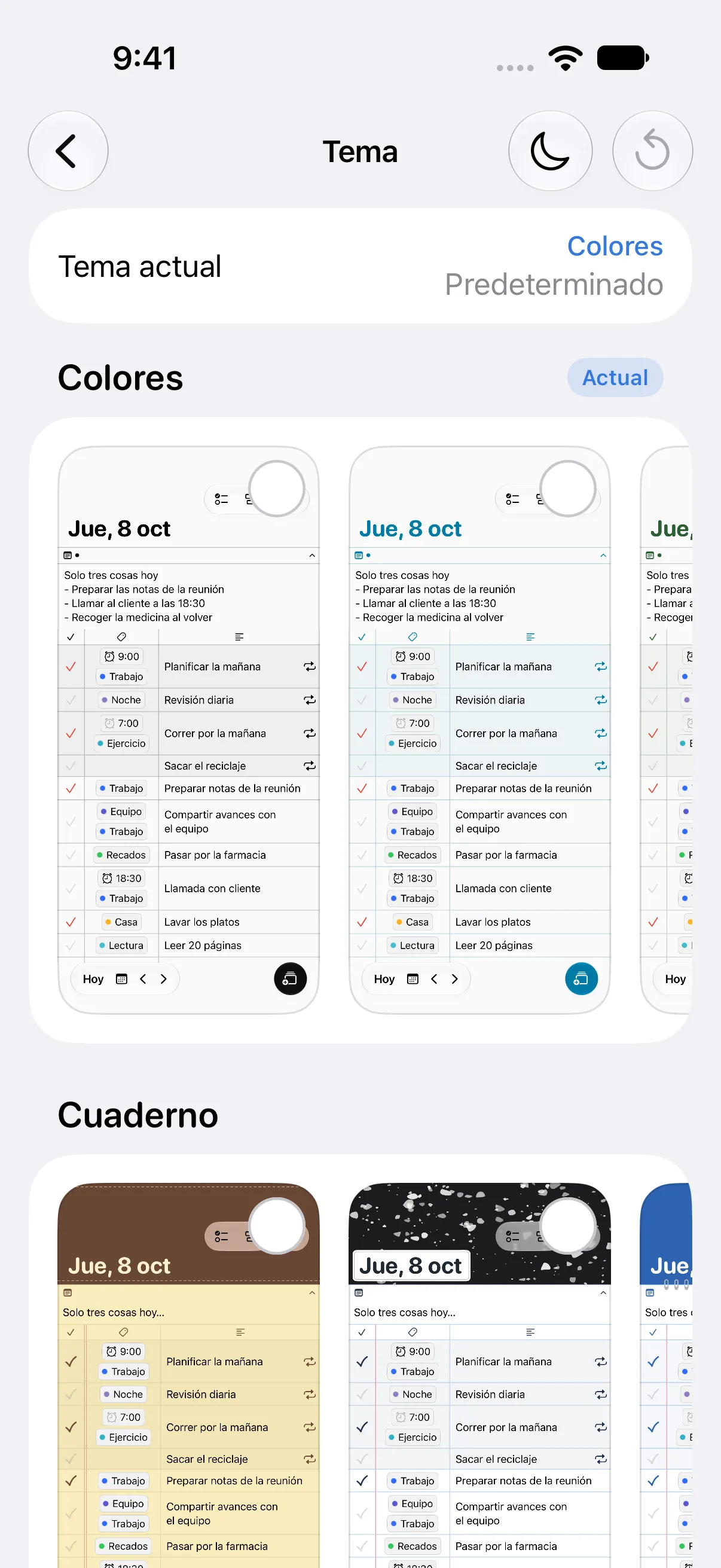 Ajustes de tema. Debajo del tema actual hay tarjetas con la vista previa de la pantalla de inicio para cada color y tema, una junto a otra.