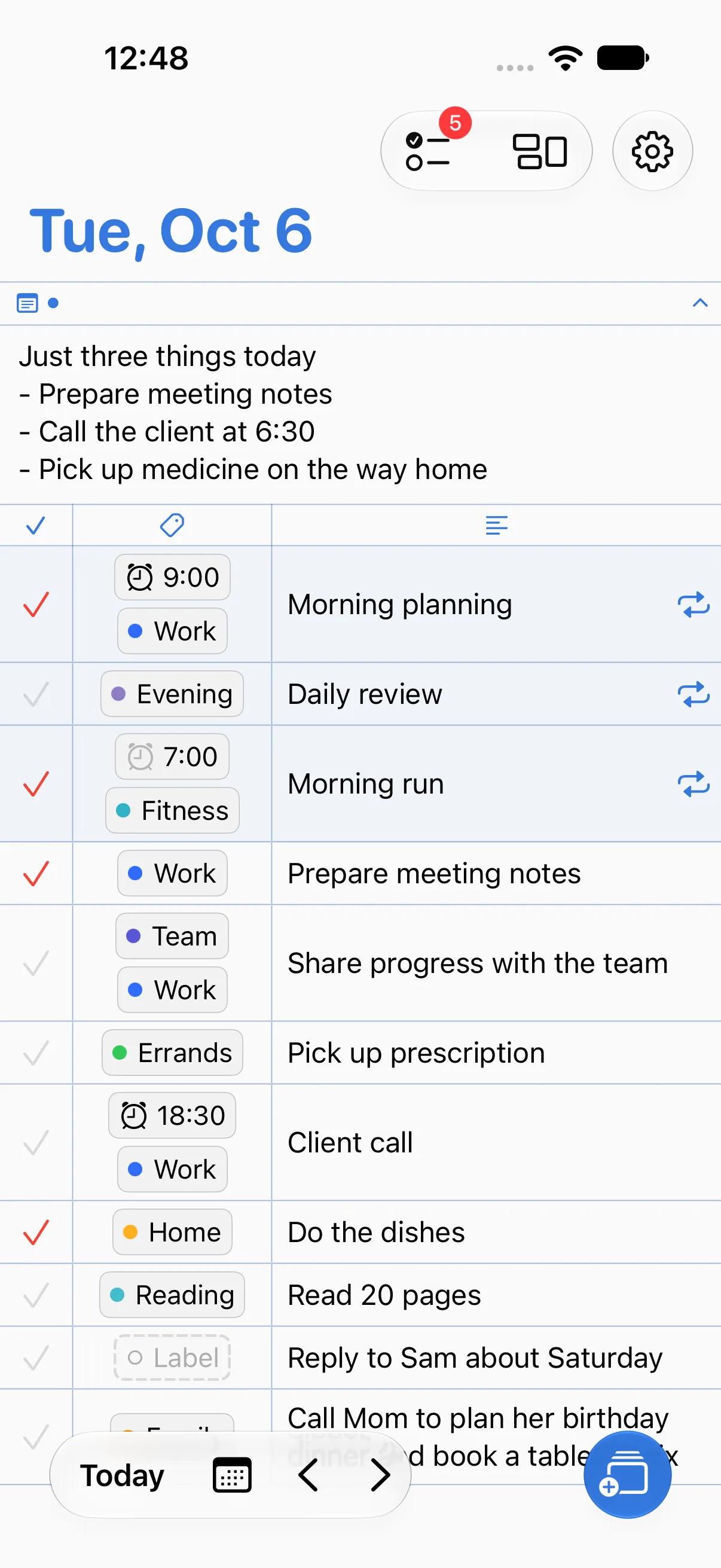 Labeled home screen for Tue, Oct 6. Below the daily note, the list shows tasks tagged Work, Evening, Fitness, Team, Errands, Home, and Reading.