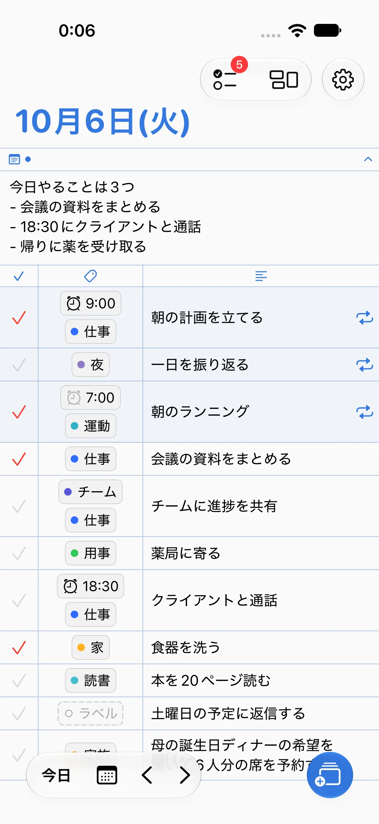 Labeledのホーム画面。10月6日（火）の一日のメモの下に、仕事、夜、運動、チーム、用事、家、読書のラベルが付いたタスクが並んでいます。