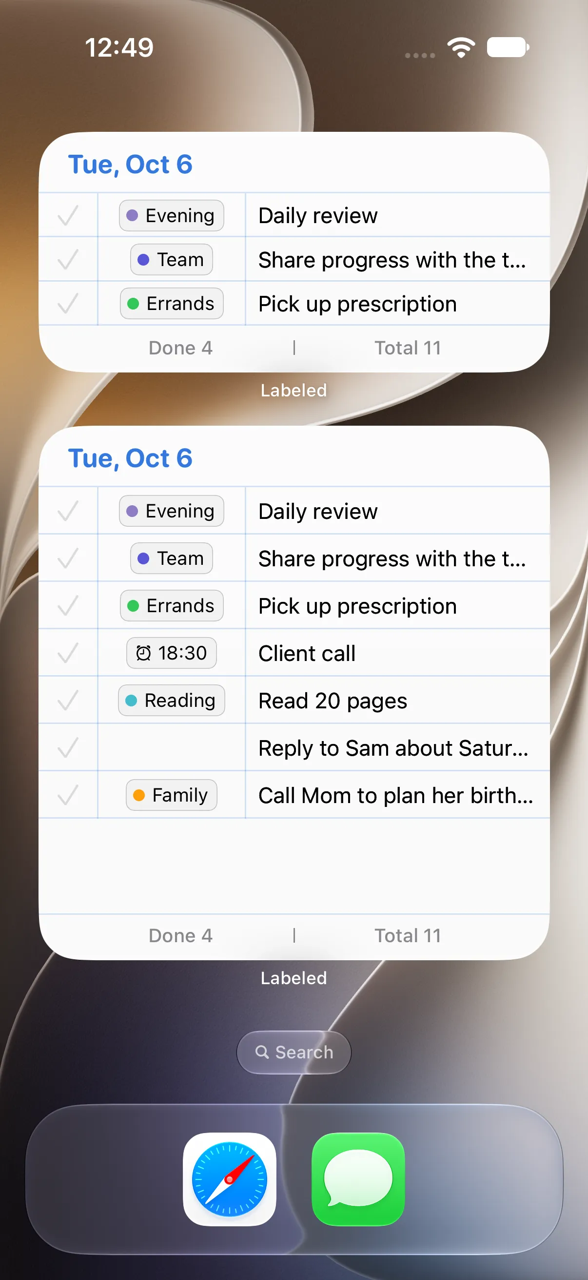 Two Labeled widgets on the Home Screen showing the tasks for Oct 6 with their labels, with Done 4 and Total 11.